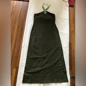 Green, midi Halter dress, with beaded neck, size small, shelf bra built in